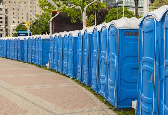 a row of portable restrooms at a fairground, offering visitors a clean and hassle-free experience in Dover